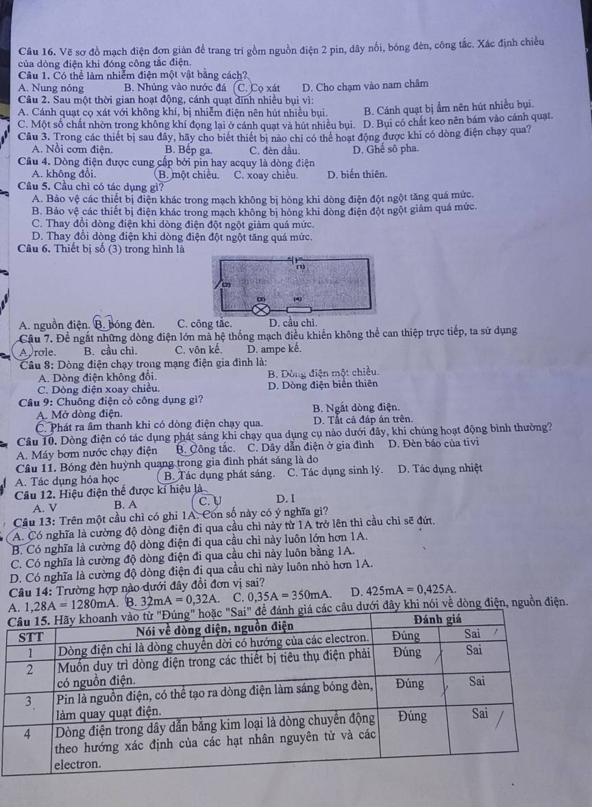 Vẽ sơ đồ mạch điện đơn giản đề trang trí gồm nguồn điện 2 pin, dây nối, bóng đèn, công tắc. Xác định chiều
của dòng điện khi đóng công tắc điện.
Câu 1. Có thể làm nhiễm điện một vật bằng cách?
A. Nung nóng B. Nhúng vào nước đá (C. Cọ xát D. Cho chạm vào nam châm
Câu 2. Sau một thời gian hoạt động, cánh quạt dĩnh nhiều bụi vì:
A. Cánh quạt cọ xát với không khí, bị nhiễm điện nên hút nhiều bụi. B. Cánh quạt bị ẩm nên hút nhiều bụi.
C. Một số chất nhờn trong không khí đọng lại ở cánh quạt và hút nhiêu bụi. D. Bụi có chất keo nên bám vào cánh quạt.
Câu 3. Trong các thiết bị sau đây, hãy cho biết thiết bị nào chi có thể hoạt động được khi có dòng điện chạy qua?
A. Nổi cơm điện. B. Bếp ga. C. đèn dầu. D. Ghế sô pha.
Câu 4. Dòng điện được cung cấp bởi pin hay acquy là dòng điện
A. không đổi. B. một chiều. C. xoay chiều. D. biến thiên.
Cầu 5. Cầu chì có tác dụng gì?
A. Bảo vệ các thiết bị điện khác trong mạch không bị hỏng khi dòng điện đột ngột tăng quá mức.
B. Bảo vệ các thiết bị điện khác trong mạch không bị hỏng khi dòng điện đột ngột giảm quá mức.
C. Thay đồi dòng điện khi dòng điện đột ngột giảm quá mức.
D. Thay đồi dòng điện khi dòng điện đột ngột tăng quá mức.
Câu 6. Thiết bị số (3) trong hình là
A. nguồn điện. B. bóng đèn. C. công tắc. D. cầu chì.
Câu 7. Đề ngắt những dòng điện lớn mà hệ thống mạch điều khiển không thể can thiệp trực tiếp, ta sử dụng
A role. B. cầu chì. C. vôn kế. D. ampe kể.
Câu 8: Dòng điện chạy trong mạng điện gia đình là:
A. Dòng điện không đổi. B. Dòng điện một chiều.
C. Dòng điện xoay chiều. D. Dòng điện biến thiên
Câu 9: Chuông điện cỏ công dụng gì?
A. Mở dòng điện. B. Ngắt dòng điện.
C. Phát ra âm thanh khi có dòng điện chạy qua. D. Tất cả đáp án trên.
Câu 10. Dòng điện có tác dụng phát sáng khi chạy qua dụng cụ nào dưới đây, khi chúng hoạt động bình thường?
A. Máy bơm nước chạy điện B. Công tắc. C. Dây dẫn điện ở gia đình D. Đèn báo của tivi
Câu 11. Bóng đèn huỳnh quang trong gia đình phát sáng là do
A. Tác dụng hóa học B. Tác dụng phát sáng. C. Tác dụng sinh lý. D. Tác dụng nhiệt
Câu 12. Hiệu điện thể được kí hiệu là D. I
A. V B. A C. U
Câu 13: Trên một cầu chì có ghi 1A. Con số này có ý nghĩa gì?
A. Có nghĩa là cường độ dòng điện đi qua cầu chỉ này từ 1A trở lên thì cầu chỉ sẽ đứt.
B. Có nghĩa là cường độ dòng điện đi qua cầu chỉ này luôn lớn hơn 1A.
C. Có nghĩa là cường độ dòng điện đi qua cầu chì này luôn bằng 1A.
D. Có nghĩa là cường độ dòng điện đị qua cầu chì này luôn nhỏ hơn 1A.
Câu 14: Trường hợp nào dưới đây đổi đơn vị sai?
A. 1,28A=1280mA. B. 32mA=0,32A. C. 0,35A=350mA D. 425mA=0,425A.
c câu dưới đây khi nói về dòng điện, nguồn điện.