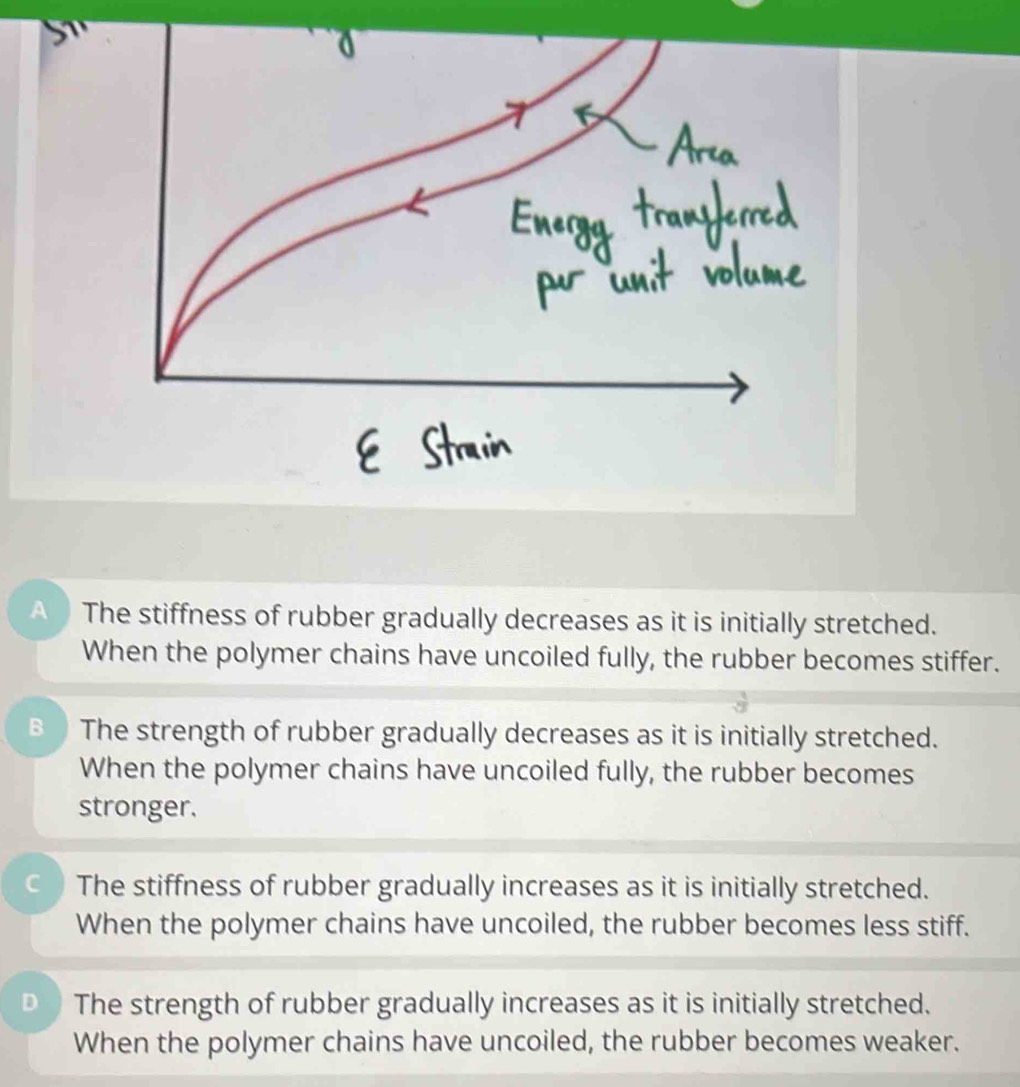 A The stiffness of rubber gradually decreases as it is initially stretched.
When the polymer chains have uncoiled fully, the rubber becomes stiffer.
B The strength of rubber gradually decreases as it is initially stretched.
When the polymer chains have uncoiled fully, the rubber becomes
stronger.
C The stiffness of rubber gradually increases as it is initially stretched.
When the polymer chains have uncoiled, the rubber becomes less stiff.
D The strength of rubber gradually increases as it is initially stretched.
When the polymer chains have uncoiled, the rubber becomes weaker.