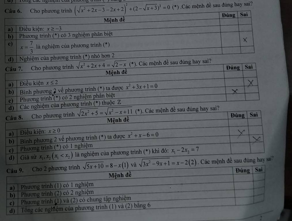 (sqrt(x^2+2x-3)-2x+2)^2+(2-sqrt(x+3))^2=0 (*) .Các mệnh đề sau đúng hay sai?
d) | Các 
y sai?
sqrt(3x^2-9x+1)=x-2(2). Các mệnh đề sau đúng hay sa
2