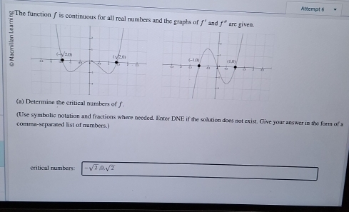 Attempt 6
The function f is continuous for all real numbnd the graphs of f' and f^N are given.
(a) Determine the critical numbers of f
(Use symbolic notation and fractions where needed. Enter DNE if the solution does not exist. Give your answer in the form of a
comma-separated list of numbers.)
critical numbers: -sqrt(2),0.sqrt(2)