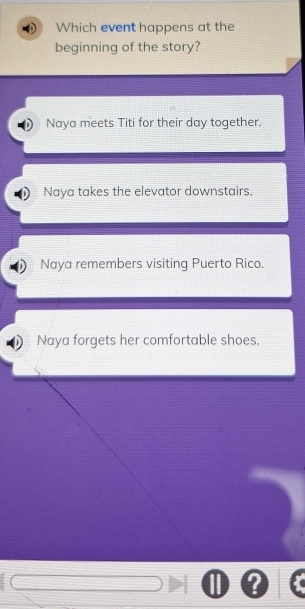 Which event happens at the
beginning of the story?
Naya meets Titi for their day together.
Naya takes the elevator downstairs.
Naya remembers visiting Puerto Rico.
Naya forgets her comfortable shoes.