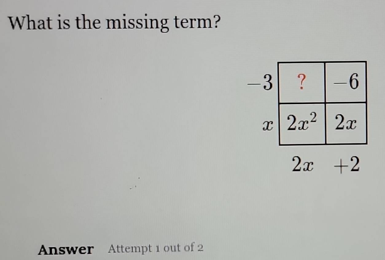 What is the missing term?
Answer Attempt 1 out of 2