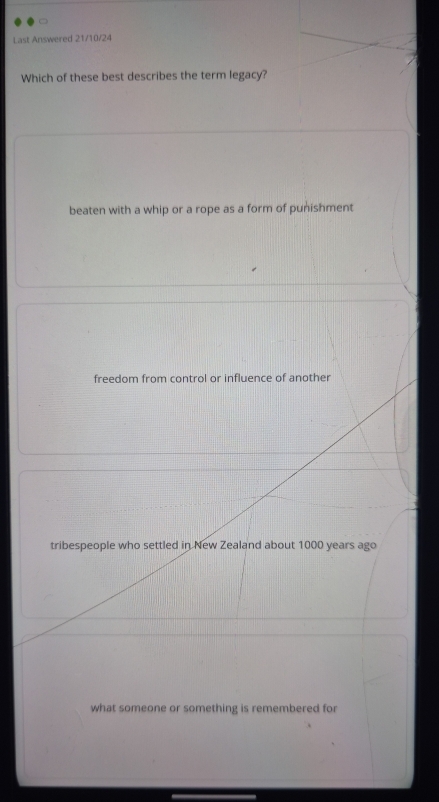 Last Answered 21/10/24
Which of these best describes the term legacy?
beaten with a whip or a rope as a form of punishment
freedom from control or influence of another
tribespeople who settled in New Zealand about 1000 years ago
what someone or something is remembered for