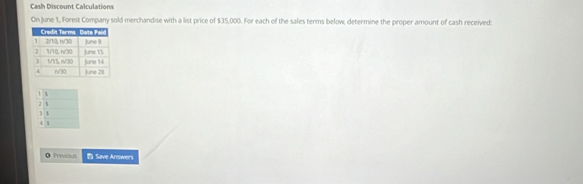 Cash Discount Calculations 
On June 1, Forest Company sold merchandise with a list price of $35,000. For each of the sales terms below, determine the proper amount of cash received: 
O Previous Save Answers