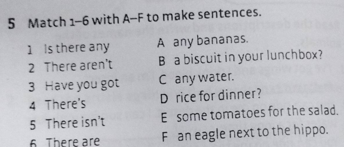 Match 1-6 with A-F to make sentences.
1 Is there any A any bananas.
2 There aren't B a biscuit in your lunchbox?
3 Have you got C any water.
4 There's D rice for dinner?
5 There isn't E some tomatoes for the salad.
6 There are F an eagle next to the hippo.