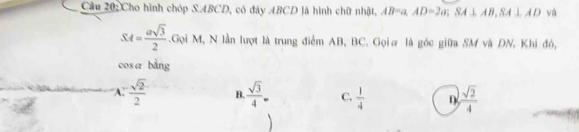 Cho hình chóp S. ABCD, có đây ABCD là hình chữ nhật, AB=a, AD=2a; SA⊥ AB, SA⊥ AD yà
SA= asqrt(3)/2  Gọi M, N lần lượt là trung điểm AB, BC. Gọiữ là góc giữa SM và DN, Khi đó,
cosα bằng
A.  sqrt(2)/2   sqrt(3)/4 . C,  1/4  D  sqrt(2)/4 
B.