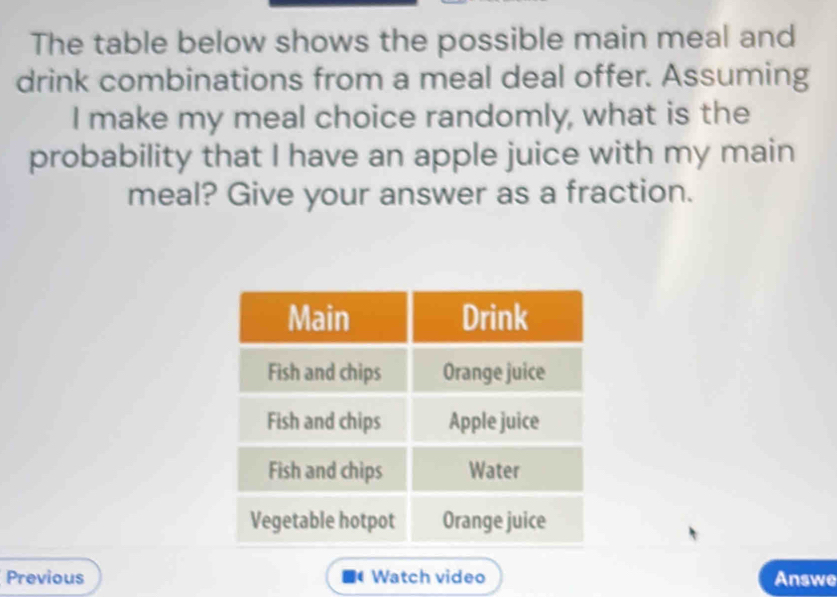 The table below shows the possible main meal and 
drink combinations from a meal deal offer. Assuming 
I make my meal choice randomly, what is the 
probability that I have an apple juice with my main 
meal? Give your answer as a fraction. 
Previous Watch video Answe