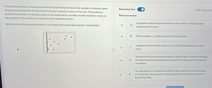 A statistics professor wanted to know the relationship between the number of minutes spent Elimination Tool Hide eliminated
studying in preparation for the final exam and students' scores on the test. The professor
plotted the number of minutes spent as the explanatory variable and the students' scores as Select one answer
the response. The results are shown in the scatterplot below.
Which of the following statements is true about the scatterplot and this relationship? × A studying and the score. A negative relationship exists between the number of minutes spent
B The correlation, r, will be close to 0 for this data set.
× C It appears that the model above is very useful for predicting final exam
| score.
The data points for students who spend a high number of minutes studying
× D are influential; eliminating these data points will bring down the slope and
correlation
The data points for students who spend a high number of minutes studying
× E are influential; removing them will bring down the correlation but not the
slope of the LSRL.