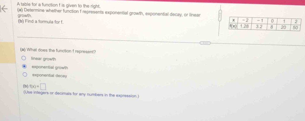 A table for a function f is given to the right.
(a) Determine whether function f represents exponential growth, exponential decay, or linear
growth.
(b) Find a formula for f.
(a) What does the function f represent?
linear growth
exponential growth
exponential decay
(b) f(x)=□
(Use integers or decimals for any numbers in the expression.)