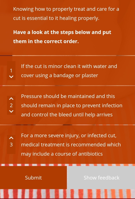 Knowing how to properly treat and care for a 
cut is essential to it healing properly. 
Have a look at the steps below and put 
them in the correct order. 
If the cut is minor clean it with water and 
1 
cover using a bandage or plaster 
^ Pressure should be maintained and this 
2 should remain in place to prevent infection 
and control the bleed until help arrives 
For a more severe injury, or infected cut, 
3 medical treatment is recommended which 
may include a course of antibiotics 
Submit Show feedback