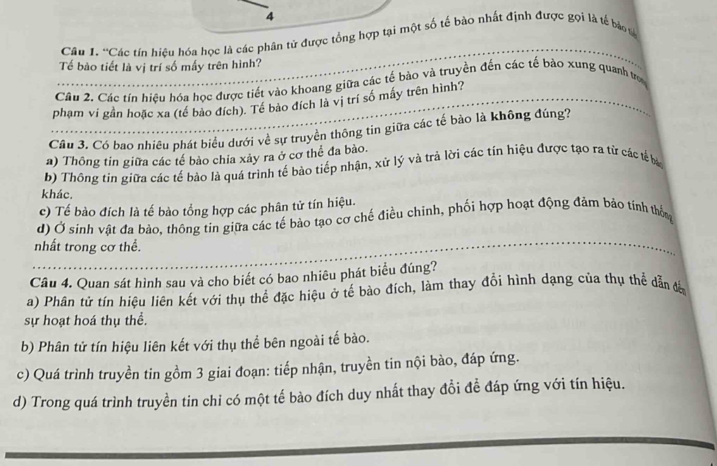 “Các tín hiệu hóa học là các phân tử được tổng hợp tại một số tế bảo nhất định được gọi là tế bảo u
Tế bào tiết là vị trí số mấy trên hình?
_
Cầu 2. Các tín hiệu hóa học được tiết vào khoang giữa các tế bào và truyền đến các tế bào xung quanh tr
phạm vi gần hoặc xa (tế bào đích). Tế bảo đích là vị trí số mấy trên hình?_
Câu 3. Có bao nhiều phát biểu dưới về sự truyền thông tin giữa các tế bào là không đúng?
a) Thông tin giữa các tế bào chia xảy ra ở cơ thể đa bào.
b) Thông tin giữa các tế bào là quá trình tế bào tiếp nhận, xử lý và trả lời các tín hiệu được tạo ra từ các tế bảo
khác.
c) Tế bào đích là tế bào tổng hợp các phân tử tín hiệu.
d) Ở sinh vật đa bào, thông tin giữa các tế bào tạo cơ chế điều chinh, phối hợp hoạt động đảm bảo tính thống
nhất trong cơ thể.
Câu 4. Quan sát hình sau và cho biết có bao nhiêu phát biểu đúng?
a) Phân tử tín hiệu liên kết với thụ thể đặc hiệu ở tế bào đích, làm thay đổi hình dạng của thụ thể dẫn đến
sự hoạt hoá thụ thể.
b) Phân tử tín hiệu liên kết với thụ thể bên ngoài tế bào.
c) Quá trình truyền tin gồm 3 giai đoạn: tiếp nhận, truyền tin nội bào, đáp ứng.
d) Trong quá trình truyền tin chi có một tế bào đích duy nhất thay đổi để đáp ứng với tín hiệu.