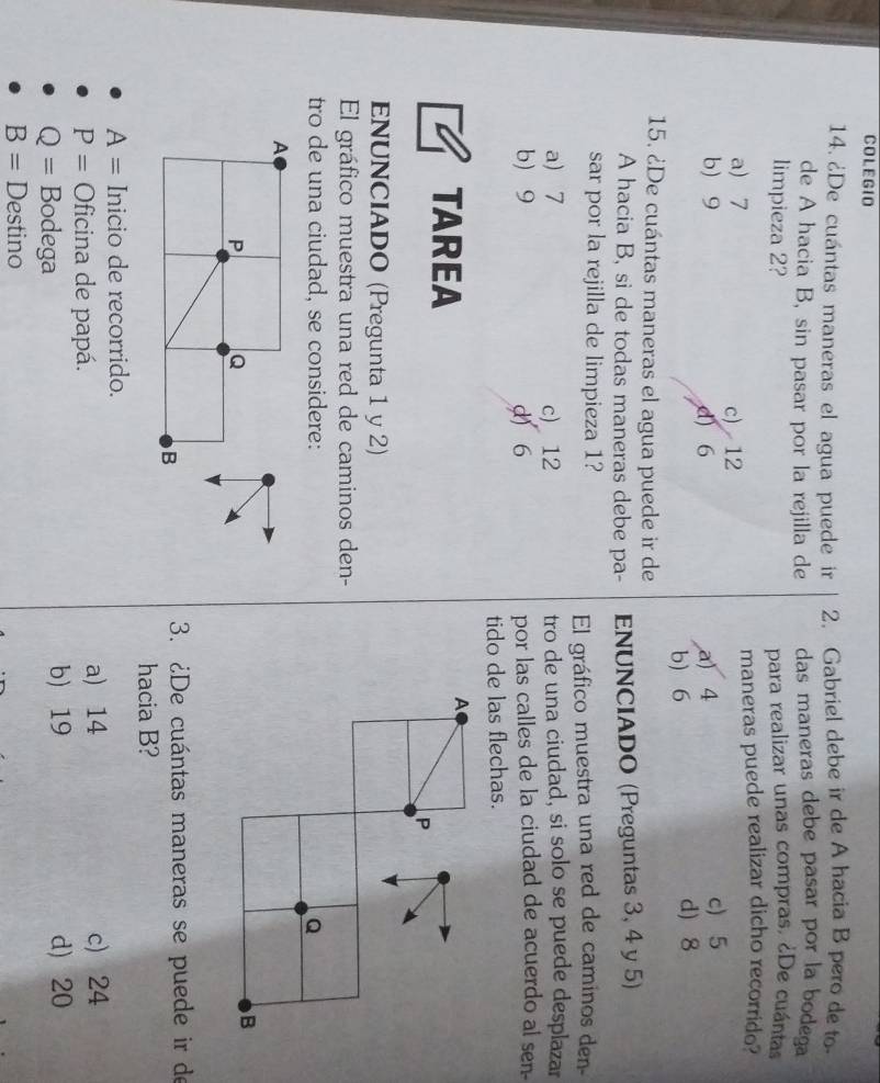 COLEGIO
14. ¿De cuántas maneras el agua puede ir 2. Gabriel debe ir de A hacia B pero de to-
de A hacia B, sin pasar por la rejilla de das maneras debe pasar por la bodega
limpieza 2? para realizar unas compras. ¿De cuántas
a) 7 c) 12 maneras puede realizar dicho recorrido?
b 9 d) 6 a) 4 c) 5
b) 6 d) 8
15. ¿De cuántas maneras el agua puede ir de
A hacia B, si de todas maneras debe pa- ENUNCIADO (Preguntas 3, 4 y 5)
sar por la rejilla de limpieza 1?
El gráfico muestra una red de caminos den
a) 7 c) 12 tro de una ciudad, si solo se puede desplazar
b 9 d) 6 por las calles de la ciudad de acuerdo al sen-
tido de las flechas.
TAREA
ENUNCIADO (Pregunta 1 y 2)
El gráfico muestra una red de caminos den-
tro de una ciudad, se considere:
A
P Q
B
3. ¿De cuántas maneras se puede ir de
hacia B?
A= Inicio de recorrido.
P= Oficina de papá. a) 14
c) 24
Q= Bodega b) 19 d) 20
B= Destino