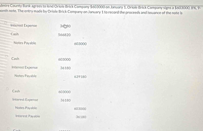 dmire County Bank agrees to lend Oriole Brick Company $603000 on January 1. Oriole Brick Company signs a $603000, 8%, 9-
month note. The entry made by Oriole Brick Company on January 1 to record the proceeds and issuance of the note is 
Interest Expense 36 80
Cash 566820
Notes Payable 603000
Cash 603000
Interest Expense 36180
Notes Payable 639180
Cash 603000
Interest Expense 36180
Notes Payable 603000
Interest Payable 36180