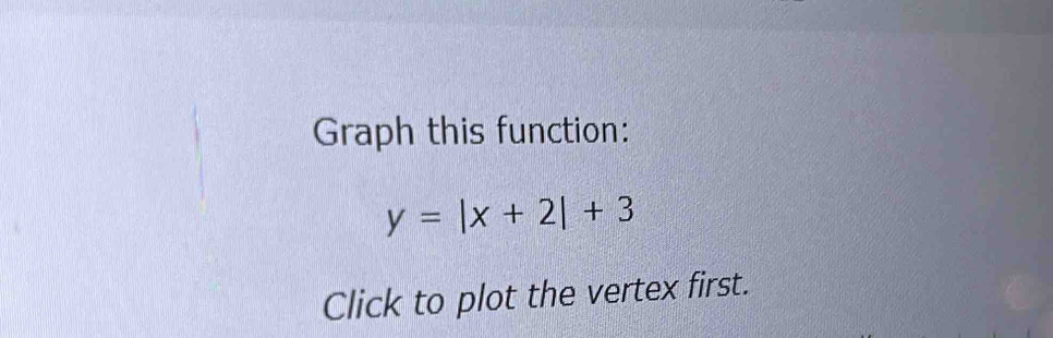 Graph this function:
y=|x+2|+3
Click to plot the vertex first.