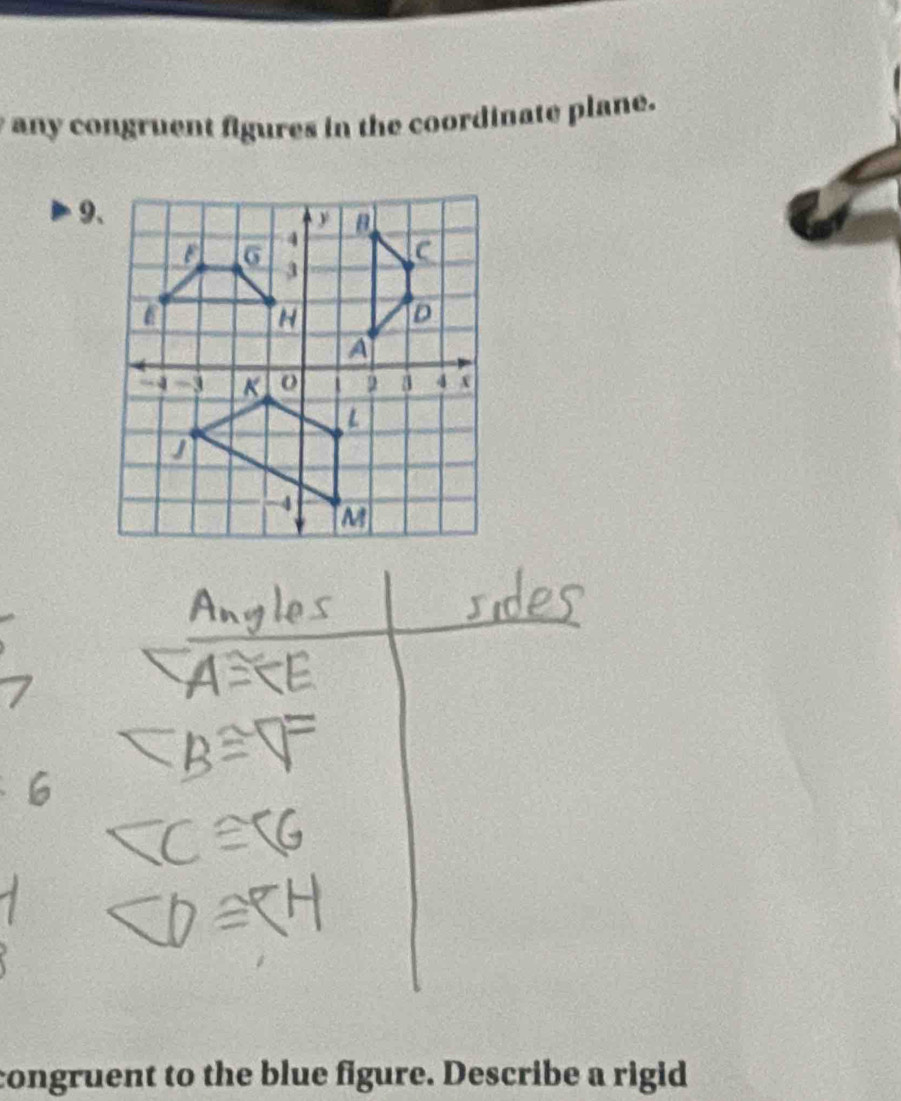 any congruent figures in the coordinate plane. 
9、 
congruent to the blue figure. Describe a rigid