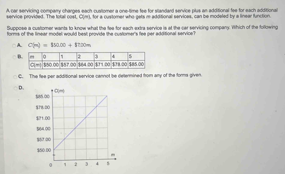 A car servicing company charges each customer a one-time fee for standard service plus an additional fee for each additional
service provided. The total cost, C(m) ), for a customer who gets m additional services, can be modeled by a linear function.
Suppose a customer wants to know what the fee for each extra service is at the car servicing company. Which of the following
forms of the linear model would best provide the customer's fee per additional service?
A. C(m)=$50.00+$7.00m
B
C. The fee per additional service cannot be determined from any of the forms given.
D.