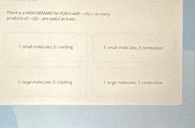 There is a HIGH SEMARD for FUELG Wth -(1)-, so rany 
produces of --X_- are usnted as tuns. 
1 smuell motecudes 2: crackng smuá melacióes E comatión 
: Jarge mclaciões: 2: cracking 1: lerge molecules 2: combustion
