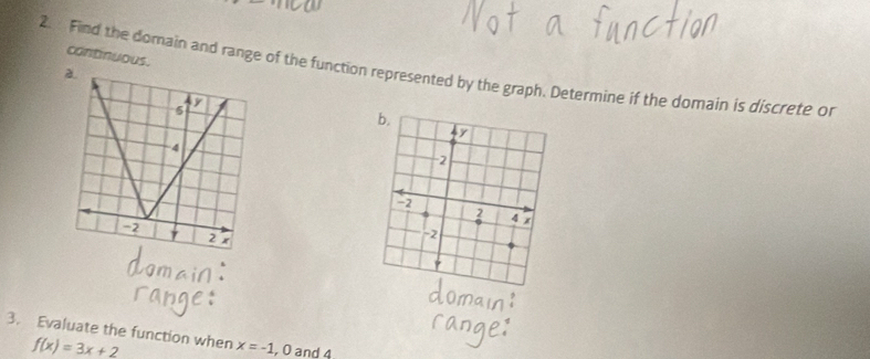 contnuous. 
2. Find the domain and range of the function represented by the graph. Determine if the domain is discrete or
7
5
4
-2
2 x
3. Evaluate the function when x=-1 , 0 and 4
f(x)=3x+2