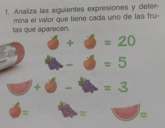 Analiza las siguientes expresiones y deter- 
mina el valor que tiene cada uno de las fru- 
tas que aparecen.
□ +□ =20
-=5
+ □  x^2 =3° 
= 
eta 
= 
=