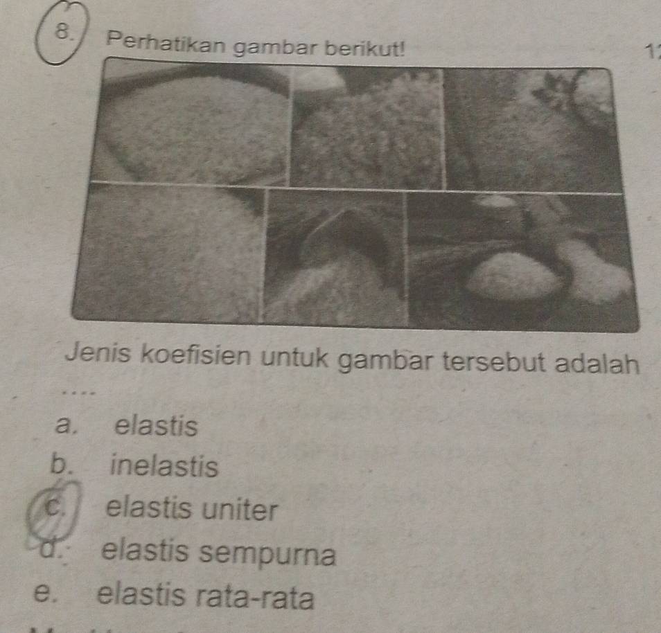 Perhatikan 
1
Jenis koefisien untuk gambar tersebut adalah
a. elastis
b. inelastis
c. elastis uniter
d. elastis sempurna
e. elastis rata-rata