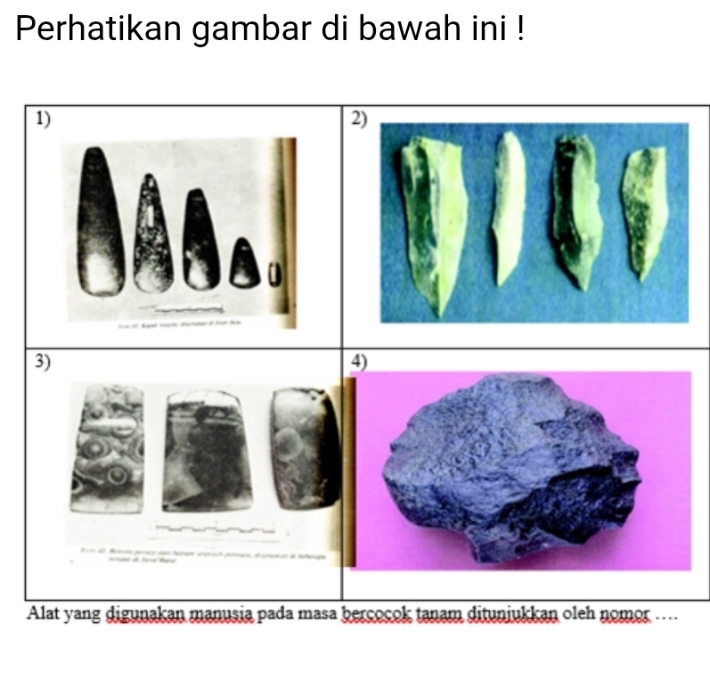 Perhatikan gambar di bawah ini ! 
1) 
3) 

Alat yang digunakan manusia pada masa bercocok tanam ditunjukkan oleh nomor ....