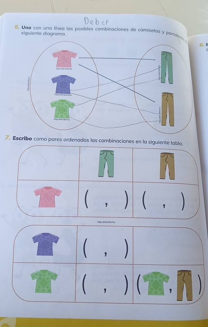 Uno con una línea las posibles combinaciones de camisetas y pantalon 
siguiente diagrama. 
8. E 
7. Escribo como pares ordenados las combinaciones en la siguiente tabla. 
 ， )  ， ) 
https//n9.clxh7ou 
 ，ì  
( , ) ( ， )