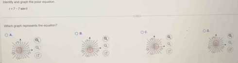 Identifly and graph the polar equation.
r=7-7sin θ
Which graph represents the equation?
A.
) B. ○ C. D.
Q
e