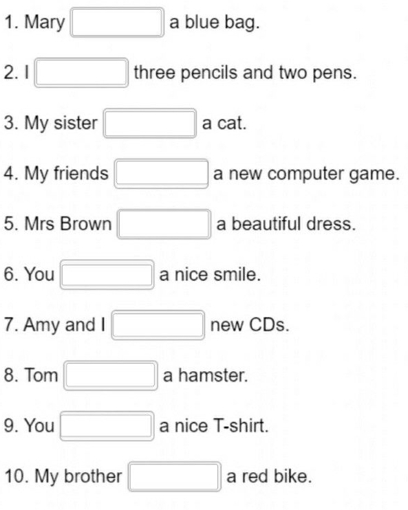 Mary a blue bag. 
2. 1 three pencils and two pens. 
3. My sister a cat. 
4. My friends a new computer game. 
5. Mrs Brown a beautiful dress. 
6. You a nice smile. 
7. Amy and I new CDs. 
8. Tom a hamster. 
9. You a nice T-shirt. 
10. My brother a red bike.