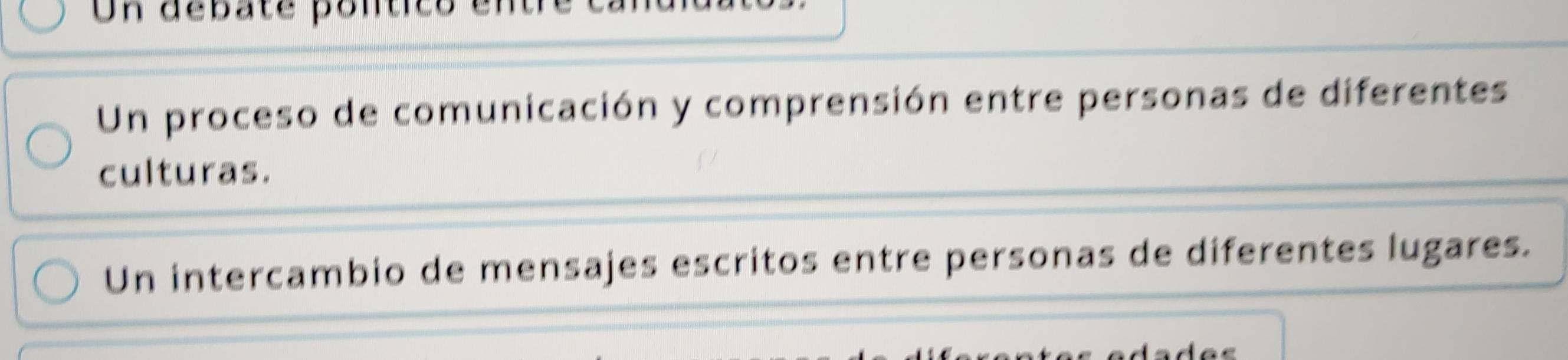 Un debate pontico é
Un proceso de comunicación y comprensión entre personas de diferentes
culturas.
Un intercambio de mensajes escritos entre personas de diferentes lugares.