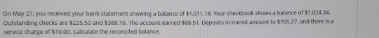 On May 27, you received your bank statement showing a balance of $1,011.18. Your checkbook shows a balance of $1.024.34. 
Outstanding checks are $225.50 and $388.10. The account earned $88.51, Deposits in transit amount to $705.27, and there is a 
service charge of $10.00. Calculate the reconciled balance.