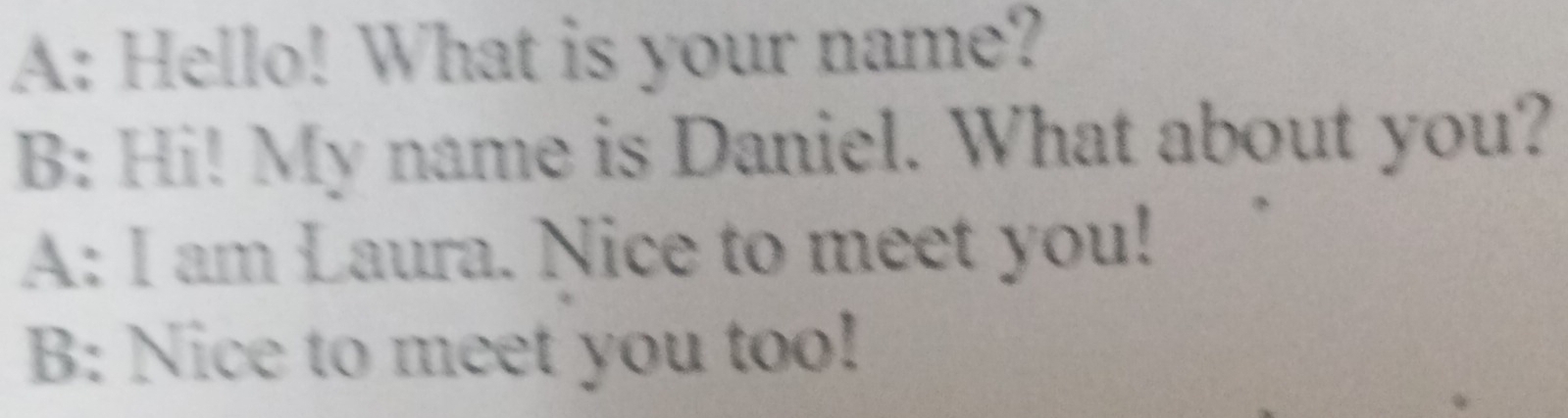 A: Hello! What is your name? 
B: Hi! My name is Daniel. What about you? 
A: I am Laura. Nice to meet you! 
B: Nice to meet you too!