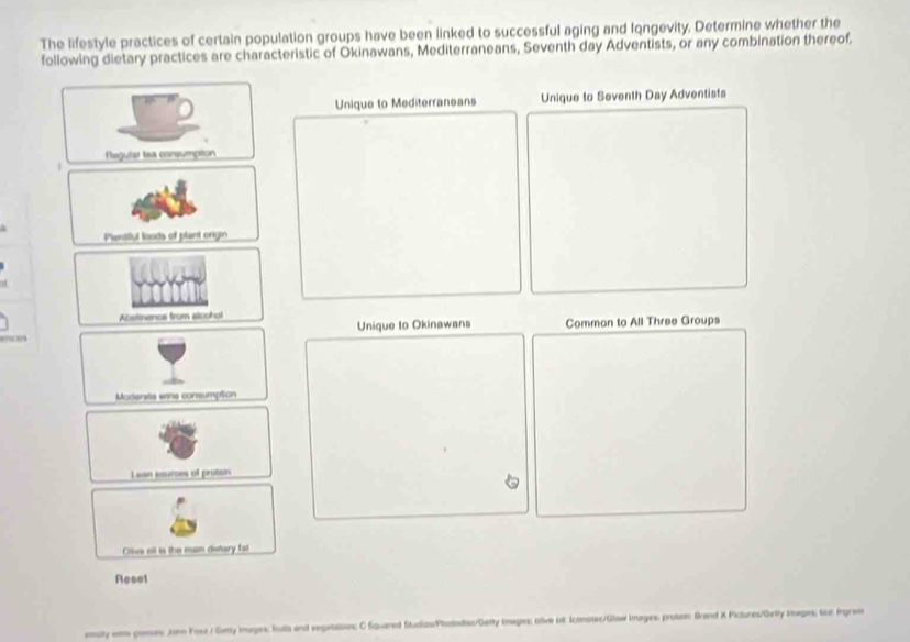 The lifestyle practices of certain population groups have been linked to successful aging and Iongevity. Determine whether the 
following dietary practices are characteristic of Okinawans, Mediterraneans, Seventh day Adventists, or any combination thereof. 
Unique to Mediterraneans Unique to Seventh Day Adventists 
Regular tea consumption 
1 
Plentful loods of plant origin 
Abstinence from alcohol 
Unique to Okinawans Comman to All Three Groups 
anc 
Moderate wins consumption 
Lean scurces of protain 
Clive nll is the mun distary fast 
Rese1 
esty eam genses: Jonn Foux / Getty Images; futs and vegetaions: C Squered Studias/Pholndes/Getty Inages ollve ot constes/Glow kmages proten: Brand X Piclures/Getly Iwges; tun ingrem