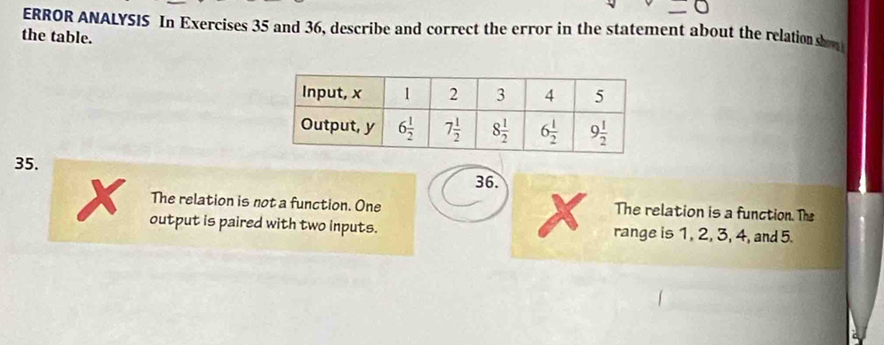 ERROR ANALYSIS In Exercises 35 and 36, describe and correct the error in the statement about the relation so
the table.
35.
36.
The relation is not a function. One The relation is a function. The
output is paired with two inputs. range is 1, 2, 3, 4, and 5.