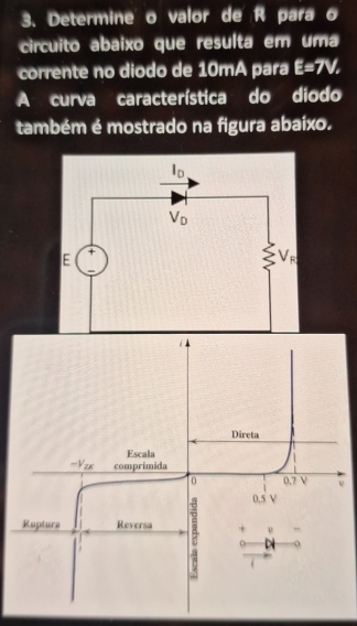 Determine o valor de R para o
circuito abaixo que resulta em uma
corrente no diodo de 10mA para E=7V,
A curva característica do diodo
também é mostrado na figura abaixo.
ν