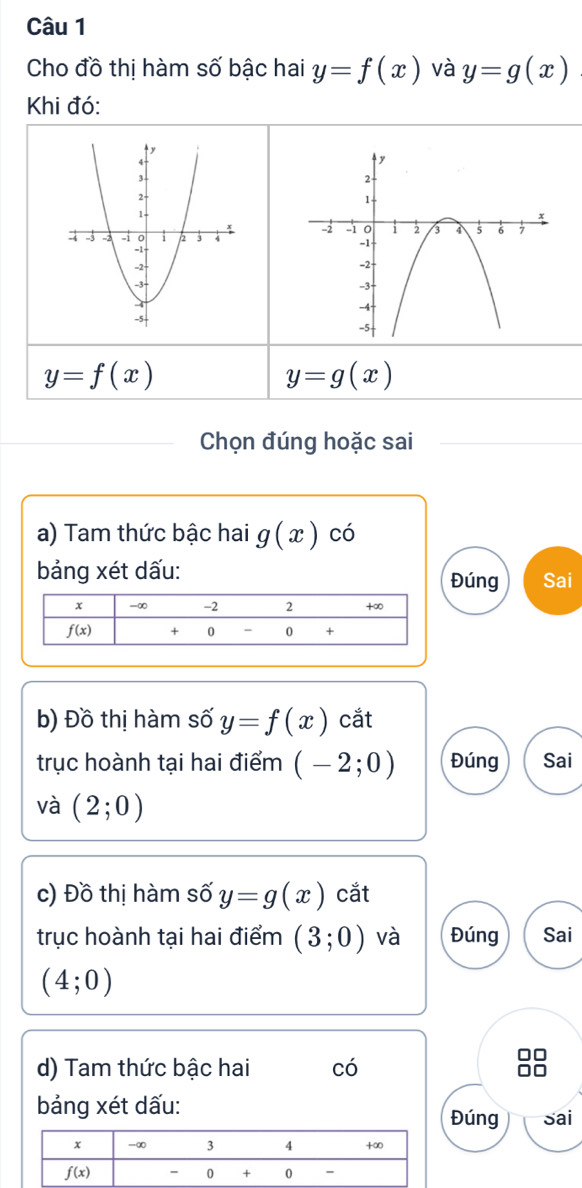 Cho đồ thị hàm số bậc hai y=f(x) và y=g(x)
Khi đó:

y=f(x)
y=g(x)
Chọn đúng hoặc sai
a) Tam thức bậc hai g(x) có
bảng xét dấu: Sai
Đúng
b) Đồ thị hàm số y=f(x) cắt
trục hoành tại hai điểm (-2;0) Đúng Sai
và (2;0)
c) Đồ thị hàm số y=g(x) cắt
trục hoành tại hai điểm (3;0) và Đúng Sai
(4;0)
d) Tam thức bậc hai có
bảng xét dấu:
Đúng Sai