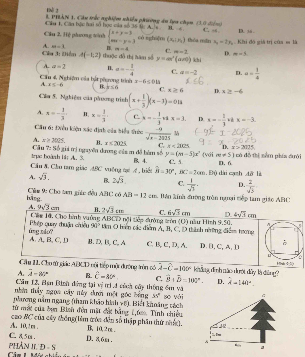Dễ 2
I. PHÀN 1. Câu trắc nghiệm nhiều phường án lựa chọn. (3,0 điểm)
Câu 1. Căn bậc hai số học của số 36 là: A. . B. -6 . C. ±6 . D. 36 .
Câu 2. Hệ phương trình beginarrayl x+y=3 mx-y=3endarray. có nghiệm (x_0;y_0) thỏa mãn x_0=2y_0. Khi đồ giá trị của m là
A. m=3. B. m=4. C. m=2. D. m=5.
Câu 3: Điểm A(-1;2) thuộc đồ thị hàm số y=ax^2(a!= 0) khi
A. a=2 B. a=- 1/4  C. a=-2
D. a= 1/4 
Cầu 4. Nghiệm của bắt phương trình x-6≤ 0 là
A. x≤ -6
B. x≤ 6
C. x≥ 6 D. x≥ -6
Câu 5. Nghiệm của phương trình (x+ 1/3 )(x-3)=01a
A. x=- 1/3 · B. x= 1/3 · C. x=- 1/3  vdx=3. D. x=- 1/3  và x=-3.
Câu 6: Điều kiện xác định của biểu thức  (-9)/sqrt(x-2025)  là
A. x≥ 2025. B. x≤ 2025. C. x<2025.
D. x>2025.
Câu 7: * Số giá trị nguyên dương của m đề hàm số y=(m-5)x^2 (với m!= 5) có đồ thị nằm phía dưới
trục hoành là: A. 3. B. 4. C. 5.
D. 6.
Câu 8. Cho tam giác ABC vuông tại A , biết hat B=30°,BC=2cm. Độ dài cạnh AB là
A. sqrt(3).
B. 2sqrt(3).
C.  1/sqrt(3) .  2/sqrt(3) ·
D.
Câu 9: Cho tam giác đều ABC có AB=12cm. Bán kính đường tròn ngoại tiếp tam giác ABC
bằng.
B.
A. 9sqrt(3)cm 2sqrt(3)cm 6sqrt(3)cm D. 4sqrt(3)cm
C.
Câu 10. Cho hình vuông ABCD nội tiếp đường tròn (O) như Hình 9.50.
Phép quay thuận chiều 90° tâm O biển các điểm A, B, C, D thành những điểm tương
ứng nào?
A. A, B, C, D B. D, B, C, A C. B, C, D, A. D. B, C, A, D
Câu 11. Cho tứ giác ABCD nội tiếp một đường tròn có widehat A-widehat C=100° khẳng định nào dưới đây là đúng?
A. widehat A=80°
B. widehat C=80°.
C. widehat B+widehat D=100°. D. widehat A=140°.
Câu 12. Bạn Bình đứng tại vị trí A cách cây thông 6m và
nhìn thấy ngọn cây này dưới một góc bằng 55° so với
phương nằm ngang (tham khảo hình vẽ). Biết khoảng cách
từ mắt của bạn Bình đến mặt đất bằng 1,6m. Tính chiều
cao BC của cây thông(làm tròn đến số thập phân thứ nhất).
A. 10,1m . B. 10,2m .
C. 8,5 m . D. 8,6m . 
PHÀN II. Đ - S 
Câu 1. Một chiế