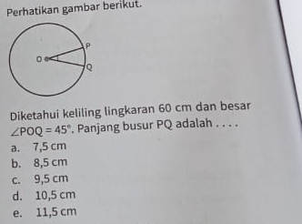 Perhatikan gambar berikut.
Diketahui keliling lingkaran 60 cm dan besar
∠ POQ=45°. Panjang busur PQ adalah . . . .
a. 7,5 cm
b. 8,5 cm
c. 9,5 cm
d. 10,5 cm
e. 11,5 cm