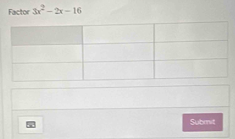 Factor 3x^2-2x-16
Submit
