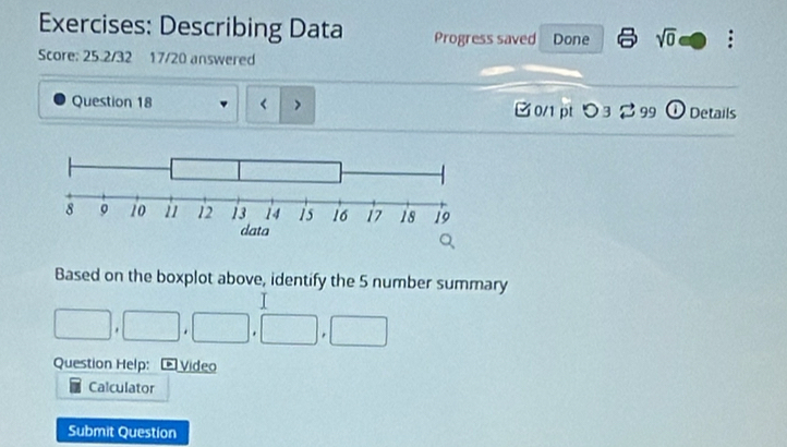 Describing Data Progress saved Done sqrt(0) : 
Score: 25.2/32 17/20 answered 
Question 18 < 7 0/1 pt つ 3 2 99 ① Details 
Based on the boxplot above, identify the 5 number summary
□ , □ , □ , □ , □
Question Help: E Video 
Calculator 
Submit Question