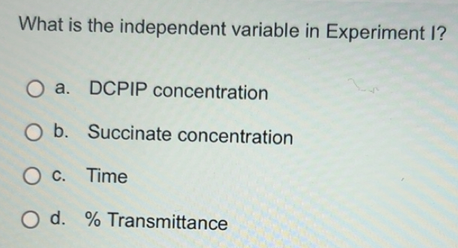 Solved: What is the independent variable in Experiment I? a. DCPIP ...