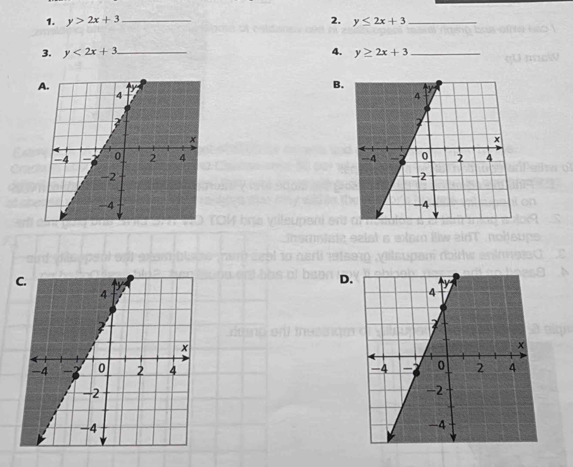 y>2x+3 _ 2. y≤ 2x+3 _
3. y<2x+3 _ 4. y≥ 2x+3 _
B.

D.