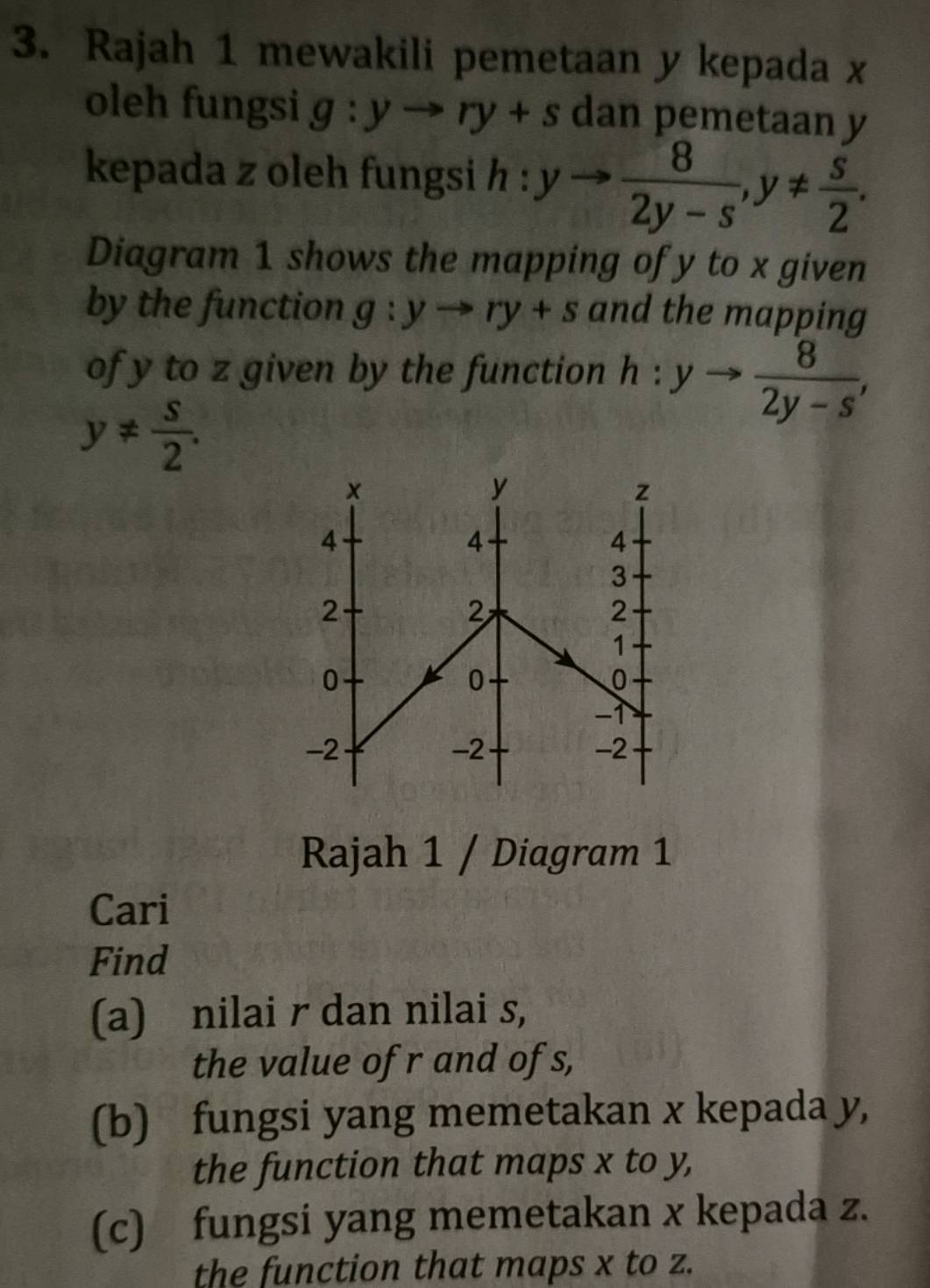 Rajah 1 mewakili pemetaan y kepada x
oleh fungsi g:yto ry+s dan pemetaan y
kepada z oleh fungsi h:yto  8/2y-s , y!=  s/2 . 
Diagram 1 shows the mapping of y to x given 
by the function g:yto ry+s and the mapping 
of y to z given by the function h:yto  8/2y-s ,
y!=  s/2 . 
Rajah 1 / Diagram 1 
Cari 
Find 
(a) nilai r dan nilai s, 
the value of r and of s, 
(b) fungsi yang memetakan x kepada y, 
the function that maps x to y, 
(c) fungsi yang memetakan x kepada z. 
the function that maps x to z.