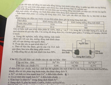 21: Để tinh chế đồng từ một mẫu đồng không tinh khiết (chứa đòng và phần tạo chất còn lại không
am gia vào quá trình điện phần), một nhóm học sinh đã thực hiện thi nghiệm sau :
- Nói mẫu đồng không tĩnh khiết với một điện cực và miêng đồng tinh khiết với điện cực còn lại của nguồn.
điện một chiều, rồi nhúng vào bình điện phần chứa dung dịch copper(11) sulfate.
cân. - Tiện hành điện phân với cường độ dòng điện 24A. Sau t giờ, các điện cực được lấy ra, làm khô và đem
- Khối lượng các điện cực trướ
phân là 100%. Biểt , trong đó: q là điện lượng (C), ne là số
q=ne.F-Lt
C/mol). mol electron đi qua đây dẫn, I là cường độ đòng điện (A), t là thời gian (giây), F là hằng số Faraday (96500
a. Trong thí nghiệm, mẫu đồng không tinh khiết
được nổi với cực âm, miềng đồng tỉnh khiết đượ
nổi với cực dương của nguồn điện.
b. Ở cực âm xây ra quả trình khử Cu^(2+).
c. Theo số liệu thu được, giá trị của t là 33,0. (kế
quả được làm tròn đến hàng phân mười
d. Mẫu đồng thô có độ tinh khiết lớn hơn 90%. 
Câu 22: Cho thể điện cực chuẩ
Ở điều kiện cực chuẩn, một học sinh làm thí nghiệm cho một ít bột Cu vào lượng dư dung dịch F. c_2(SO_4)_3.
khuẩy đều tới khi phản ứng hoàn toàn, thu được dung dịch X.
a. Fe^3 có tính oxi hóa mạnh hơn Cu^(2+) ở điều kiện chuẩn.
b. Cu có tính khử mạnh hơn Fe^(2+) ở điều kiện chuẩn.
c. Kim loại Cu khử Fe^(3+) trong dung dịch thành Fe^(2+).
d. Dung dịch X gồm ba muối: CuSO_4,FeSO_4 và Fe_2(SO_4)_3.