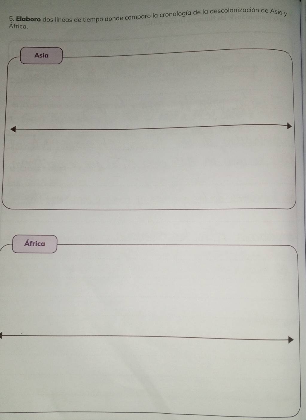 Elaboro dos líneas de tiempo donde comparo la cronología de la descolonización de Asia y
África.
Asia
África