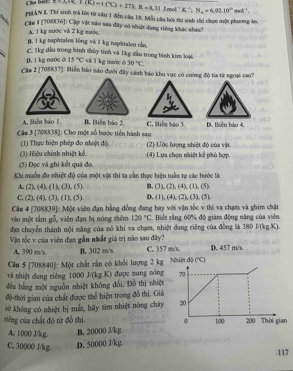 Cho biết:
π =3,14;T(K)=t(^circ C)+273;R=8,31J.mol^(-1).K^(-1);N_A=6,02.10^(23)mol^(-1).
PHÀN I. Thí sinh trả lời từ câu 1 đến câu 18. Mỗi câu hỏi thí sinh chi chọn một phương án.
chuả
Câu 1 [708836]: Cặp vật nào sau đây có nhiệt dung riêng khác nhau?
A. 1 kg nước và 2 kg nước.
B. 1 kg naphtalen lỏng và 1 kg naphtalen rắn.
C. 1kg dầu trong bình thủy tinh và 1kg dầu trong bình kim loại.
D. 1 kg nước ở 15°C và 1 kg nước ở 30°C.
Câu 2 [708837]: Biển báo nào đưới đây cảnh báo khu vực có cường độ tia tử ngoại cao?
A. Biển báo 1. B. Biển báo 2. C. Biển báo 3. D. Biển báo 4.
Câu 3 [708838]: Cho một số bước tiến hành sau:
(1) Thực hiện phép đo nhiệt độ. (2) Ước lượng nhiệt độ của vật.
(3) Hiệu chỉnh nhiệt kế.  (4) Lựa chọn nhiệt kế phù hợp.
(5) Đọc và ghi kết quả đo.
Khi muốn đo nhiệt độ của một vật thì ta cần thực hiện tuần tự các bước là
A. (2), (4), (1), (3), (5). B. (3), (2), (4), (1), (5).
C. (2), (4), (3), (1), (5). D. (1), (4), (2), (3), (5).
Câu 4 [708839]: Một viên đạn bằng đồng đang bay với vận tốc v thì va chạm và ghim chặt
vào một tấm gỗ, viên đạn bị nóng thêm 120°C. Biết rằng 60% độ giảm động năng của viên
đạn chuyển thành nội năng của nó khi va chạm, nhiệt dung riêng của đồng là 380 J/(kg.K).
Vận tốc v của viên đạn gần nhất giá trị nào sau đây?
A. 390 m/s. B. 302 m/s. C. 357 m/s. D. 457 m/s.
Câu 5 [708840]: Một chất rắn có khối lượng 2 kg  Nhiệt độ (^circ C)
và nhiệt dung riêng 1000 J/(kg.K) được nung nóng 
đều bằng một nguồn nhiệt không đổi. Đồ thị nhiệt
độ-thời gian của chất được thể hiện trong đồ thị. Giả
sử không có nhiệt bị mất, hãy tìm nhiệt nóng chảy 
riêng của chất đó từ đồ thị. 
A. 1000 J/kg.
B. 20000 J/kg.
C. 30000 J/kg. D. 50000 J/kg.
117