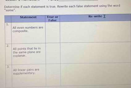 Determine if each statement is true. Rewrite each false statement using the word 
"some".