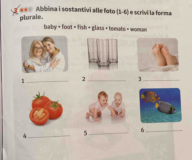 3 ●●● Abbina i sostantivi alle foto (1-6) e scrivi la forma 
plurale. 
baby • foot • fish • glass • tomato • woman 
_1 
_2 
_3 
_6 
_4 
_5