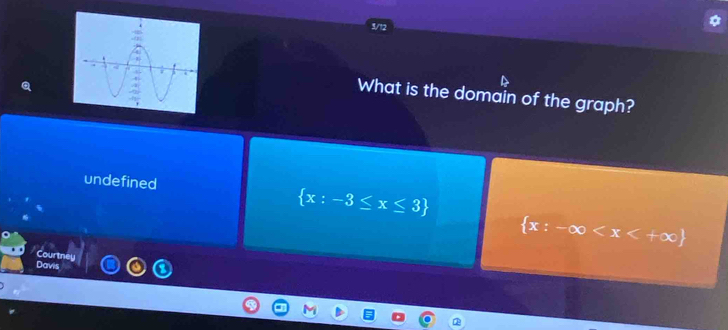 1/12
What is the domain of the graph?
undefined  x:-3≤ x≤ 3
 x:-∈fty
Courtney
Davis