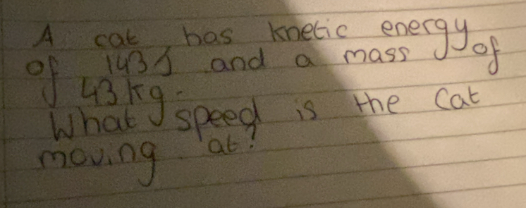 A cat has knelic energy 
of 
What speed is the Cat 
moving at?