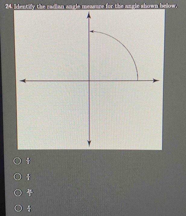 Identify the radian angle measure for the angle shown below.
 π /2 
 □ /3 
 2π /3 
 π /4 